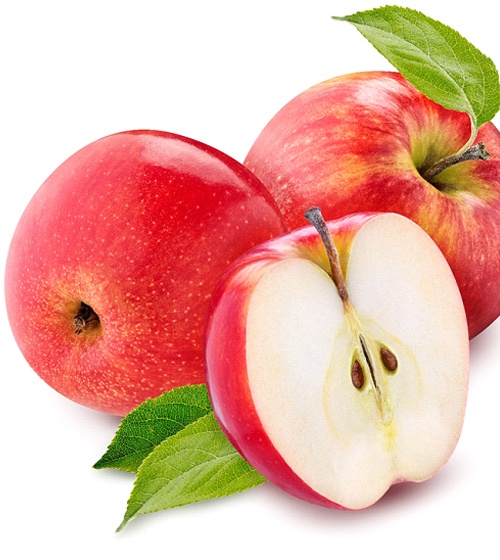 Three red apples with one cut in half