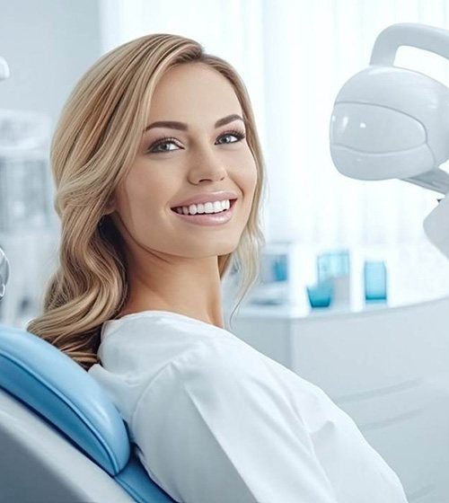 Woman with beautiful teeth in dental treatment chair