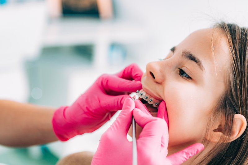 Orthodontist examining patient's braces