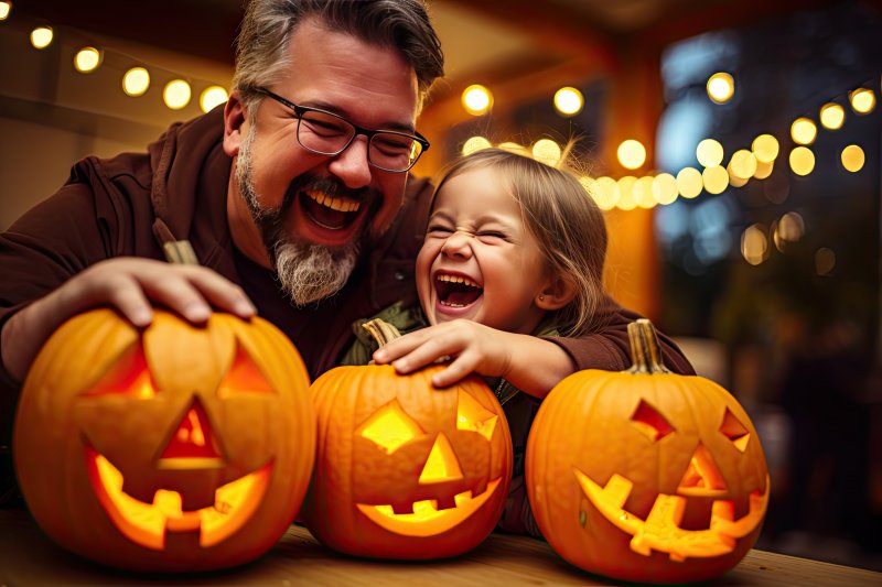 A dad with Invisalign laughing with his daughter on Halloween